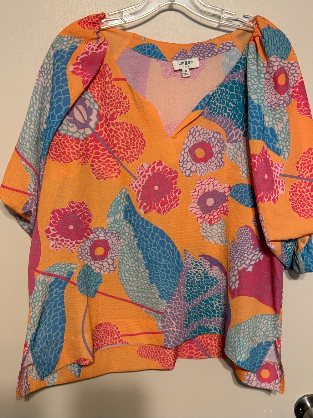 Umgee Orange Floral V-Neck Blouse with Pink & Blue Accents Puff Sleeve